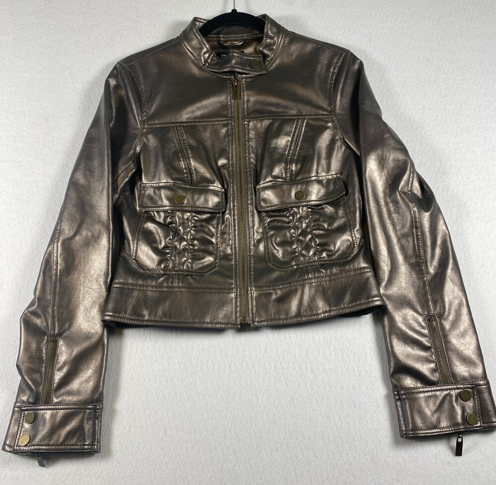 BEBE Metallic Bronze Cropped Moto Jacket Women's M Y2K